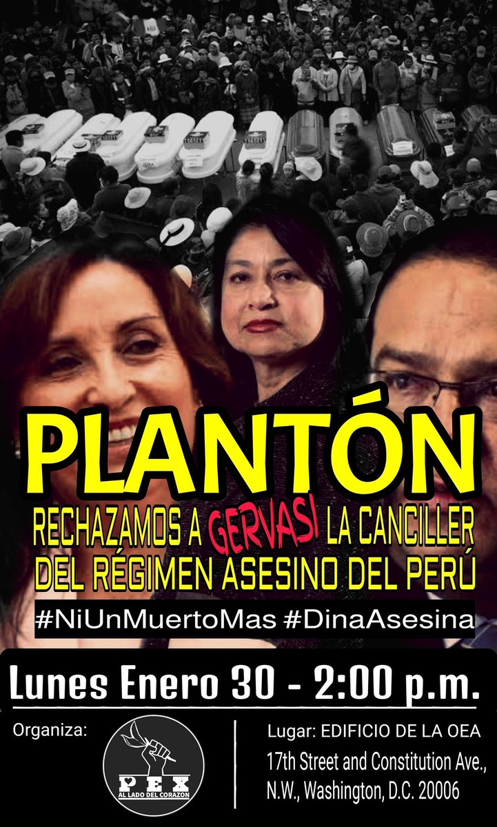 francemanuele's tweet photo. Hoy la comunidad peruana protesta en Washington la llegada de la canciller Gervasi.

47 peruanos asesinados por la Policía y el Ejército evidencian un patrón sistemático de violación a los ddhh.

Los discursos encubridores de Gervasi son una farsa y una crueldad contra el #Perú! https://t.co/klvTrpfuh5