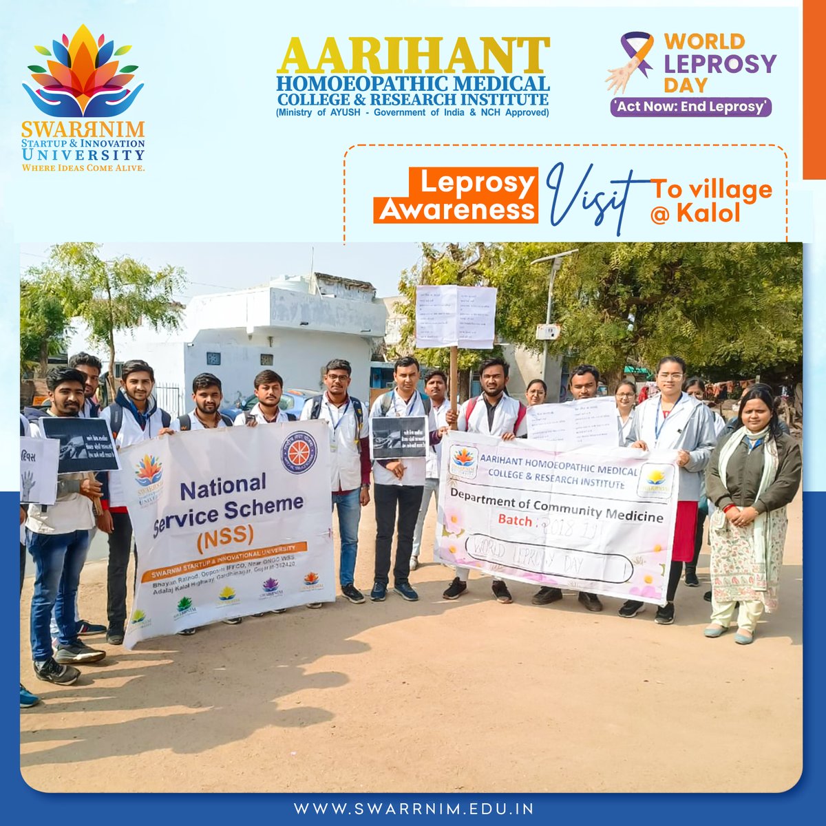 SwarrnimUni's tweet photo. The students of Swarrnim Startup and Innovation University went on a Leprosy Awareness Visit to the village of Kalol which was organised by Aarihant Homoeopathic Medical College &amp; RI on World Leprosy Day.  
#WorldLeprosyDay #WHO #ActNowEndLeprosy #Awarenessvisit #AHMC&amp;RI #SSIU https://t.co/LSHEJ0p5ek