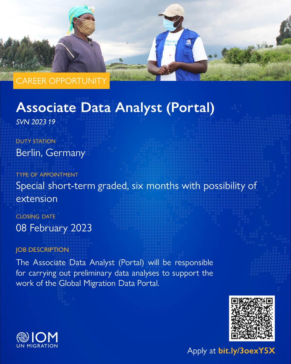 UNMigrationData's tweet image. 📢Job Opportunity!

Are you passionate about migration data and analysis?

The #MigrationDataPortal team is hiring an associate data analyst. Deadline: 08 February.

Learn more: 
👉bit.ly/GMDACcareers