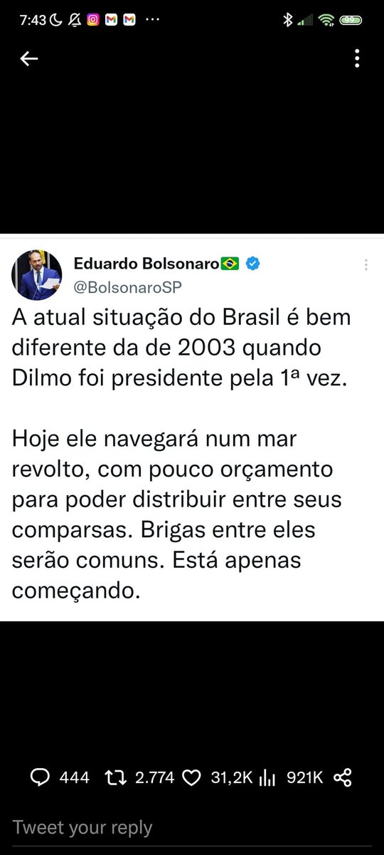 Bolsonaro destruiu o país.
Fonte?
Eduardo Bolsonaro