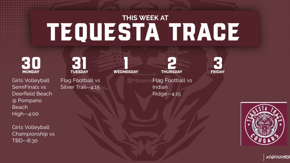 cougars33326's tweet photo. Big week for TTMS Athletics.  One sport ends, just as another season is getting started.  TTMS Girls Volleyball playing in the County Final 4 and Flag Football season starts with 2 home games this week.  

@TTMSPrincipal
@cougars33326
@MSAASports https://t.co/BYC4HiiizT