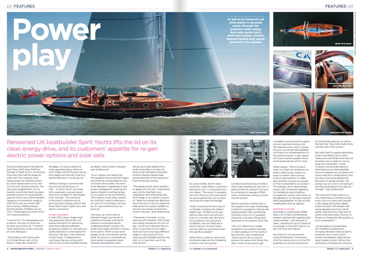 What is the future for electric drive systems, renewable energy sources, and battery technology at Spirit Yachts? 

Read the full article on pages 4-6 of <a href="/marineindnews/">Marine Industry News</a> : bit.ly/40eAev5

#spirityachts #electricdrive #renewableenergy #boatbuilding #yachtdesign