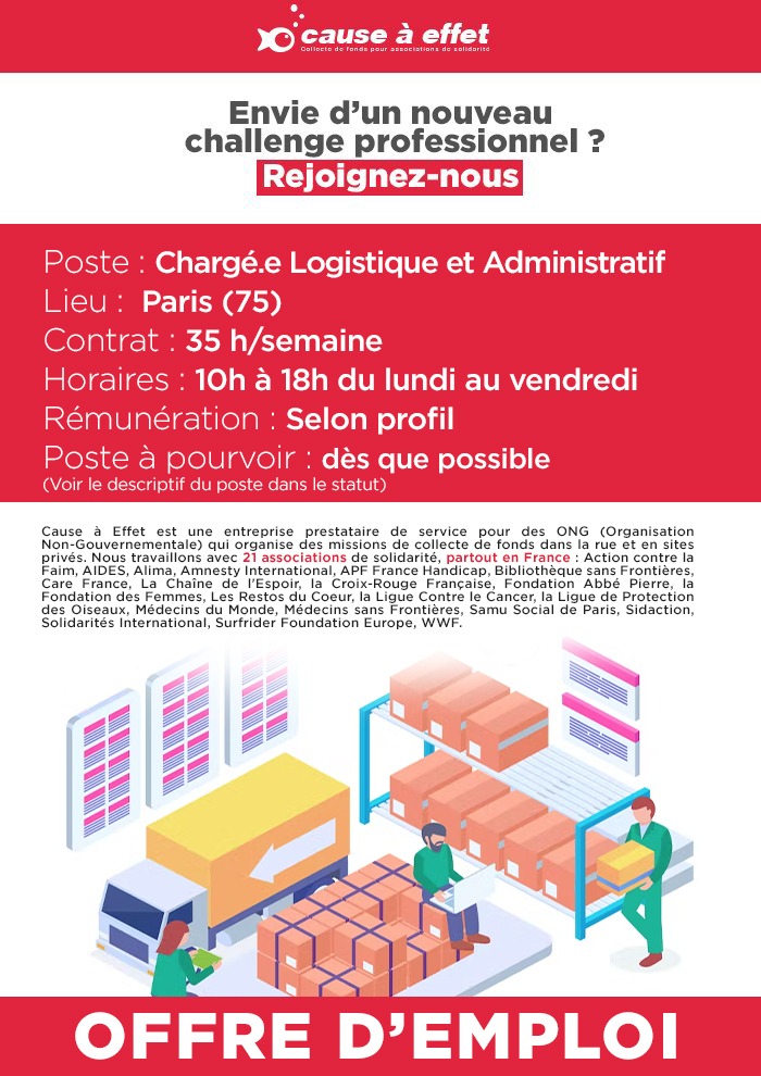 Nous recherchons un(e) Chargé(e) Logistique et Administratif basé à Paris.

Ce poste est fait pour vous si vous êtes rigoureux, organisé, avec le sens du service et que vous maîtrisez le Pack Office.

En savoir plus : causeaeffet.com/recrutement/#1

Merci !