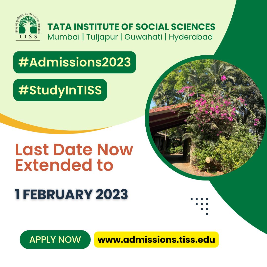 TISSpeak's tweet photo. #Admissions2023 #StudyInTISS
Last date for applying for the Master’s Degree Programmes has been extended to 5.00 pm, Wednesday, 1 February 2023.
For more details, please visit: https://t.co/Gs4rnGxDkZ
To apply --> https://t.co/yfZ8d9T9Xy https://t.co/PIJ1IVnci6