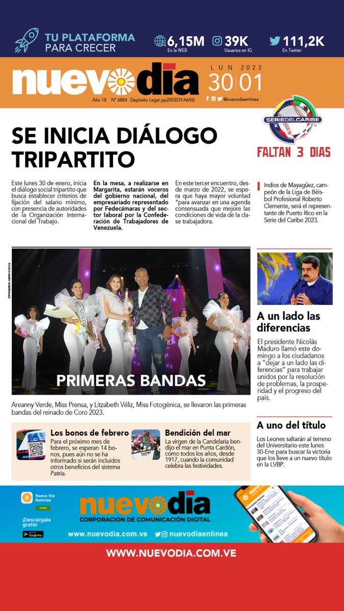 Buenos días bendecido inicio de semana, por aquí la primera de hoy #30Enero del diario #NuevoDía del estado #Falcon