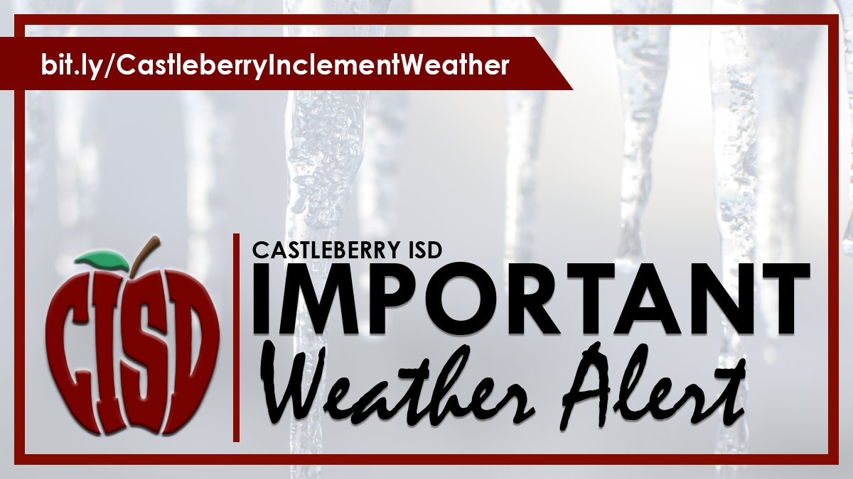 Due to inclement weather, #CastleberryISD will be closed today, Jan. 30. District administration will continue to monitor the weather as it changes. 

Latest information >> castleberryisd.net or official social media

#AVCato #CERoars #JoyJames #IMMSLions #CHS_Lions