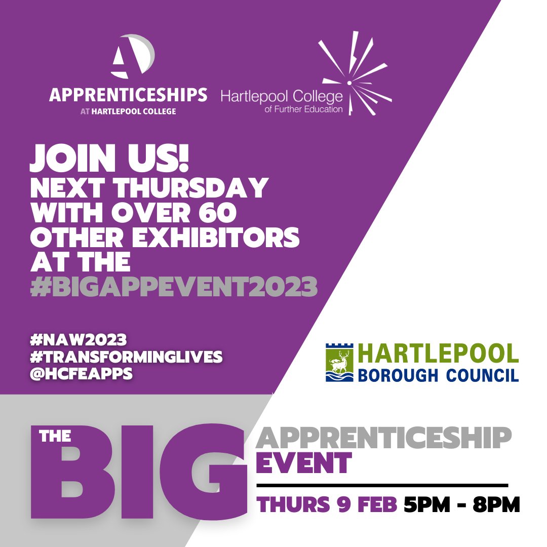 HpoolCouncil's tweet photo. Next Thursday join us and over 60 other exhibitors for the #BIGAppEvent2023 at @hartlepoolfe
See what #Apprenticehips opportunities are on offer with us and Apprenticeships at Hartlepool College
More info >> https://t.co/sdUZS16o2d https://t.co/HdNLlMDgGh