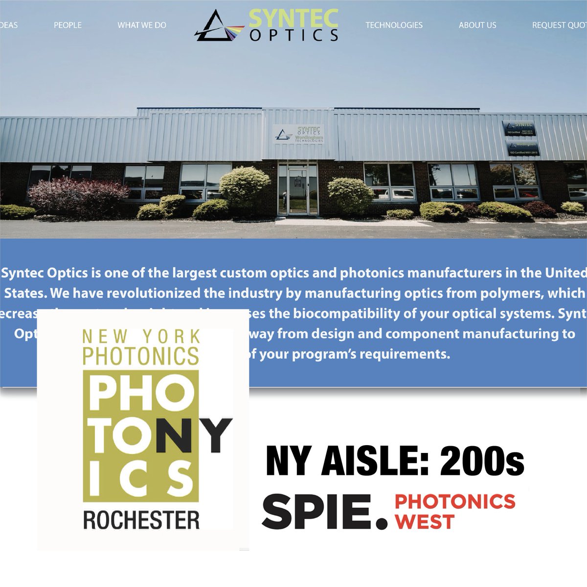 RochesterRRPC's tweet photo. Don’t miss the last day at #PhotonicsWest23. Starting the day with a #NYPMemberhighlight of one of the largest custom #Optics and #Photonics manufacturers in the United States – @SyntecOptics Visit #SyntecOptics in the #NYAisle: 200s https://t.co/XCY5hkupfs