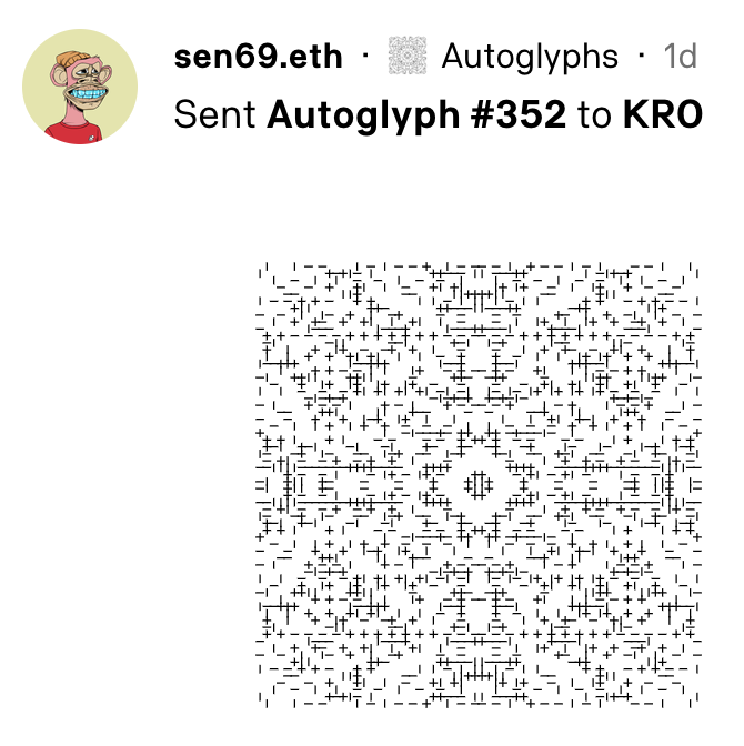 Shout-out to my guy <a href="/sen_eth/">Sen 🫟</a> who got the autoglyph back to KRO for the 104 ETH cost he paid

There was an existing bid in the NFTX vault of 174 ETH for ANY autoglyph which Sen passed up

The bad people in this space grab the headlines but the majority of folks are decent people