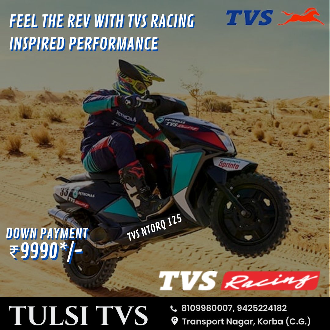 TulsiTvs's tweet photo. Feel the Rev with Tvs Racing Inspired Performance 
Inspired Styling
.
TVS NTORQ 125 play smart !
Visit us at Tulsi TVS, Transport Nagar, Korba📍
.
Call us on 8349443388📞
#korba #korbacity #dipka #NTPC #korbantpc #TVS #TVSkorba #bestchallenge #bestperformer #bestrideever https://t.co/5XcWe0r6BU