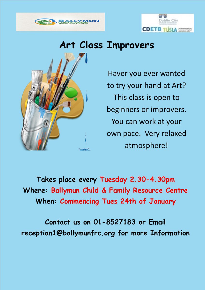 BCFRC1's tweet image. Art Beginners and Improvers with Pat Funded and Supported by @CDETBAdultEd TOMORROW two beautiful classes in a very relaxed space Beginner Class is FULL we have a few PLACES AVAILABLE for our #2ndClass from 2.30-4.30pm so give us a call on 01-8527183 to Register 😉