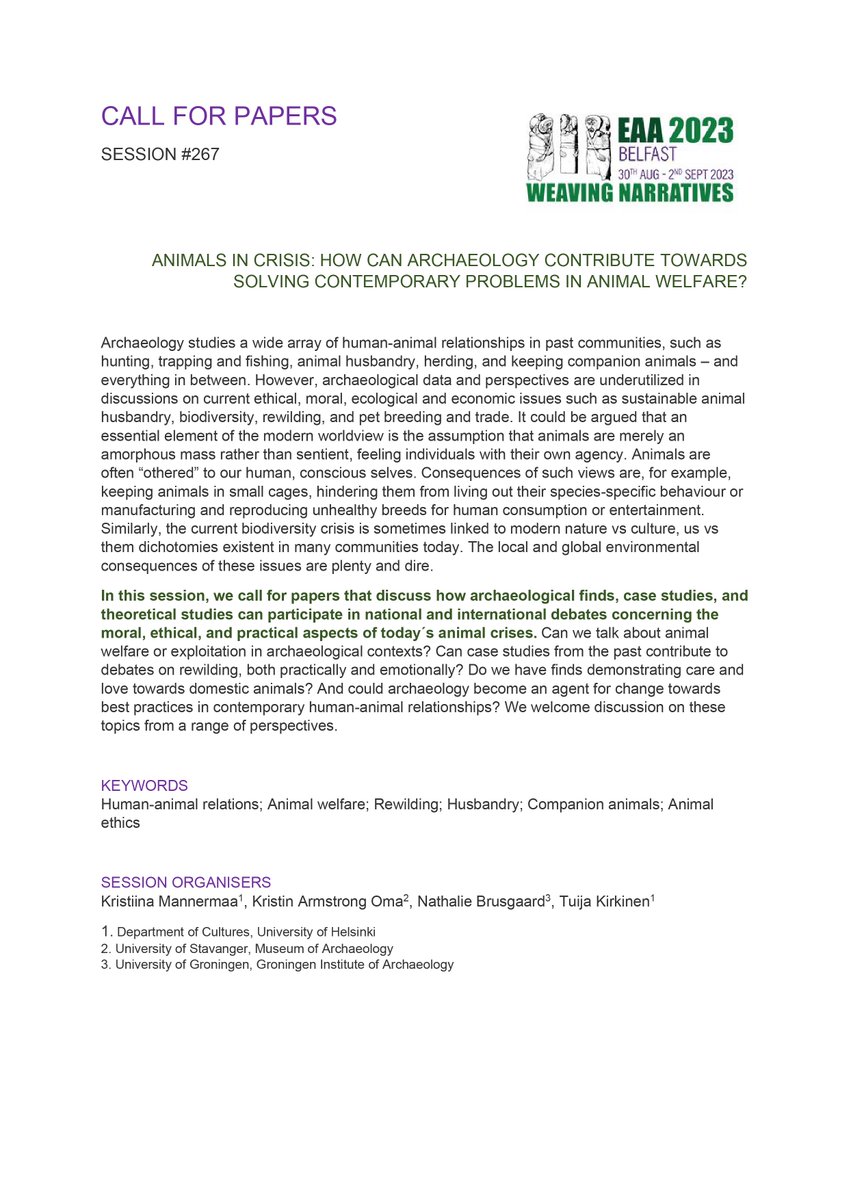 natbrusgaard's tweet photo. Reminder that the deadline for the #EAA2023 call for papers is coming up soon (9th Feb).
I'm excited to be co-organising this session on 'Animals in crisis'. Check it out and perhaps submit a paper?! @archaeologyEAA @ECArchaeologist 
@Kitti1305 @TKirkinen &amp; Kristin Armstrong-Oma https://t.co/UCLdXCbvyM