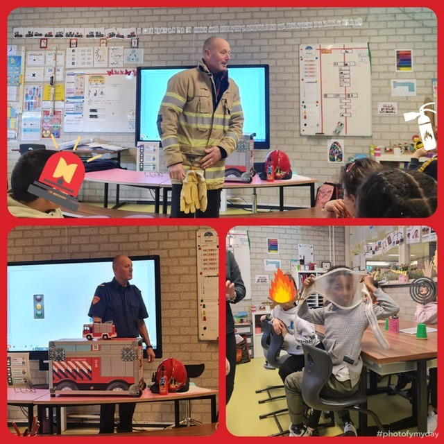 Vandaag in onze groepen 3-4 een gast-les van een échte brandweerman!