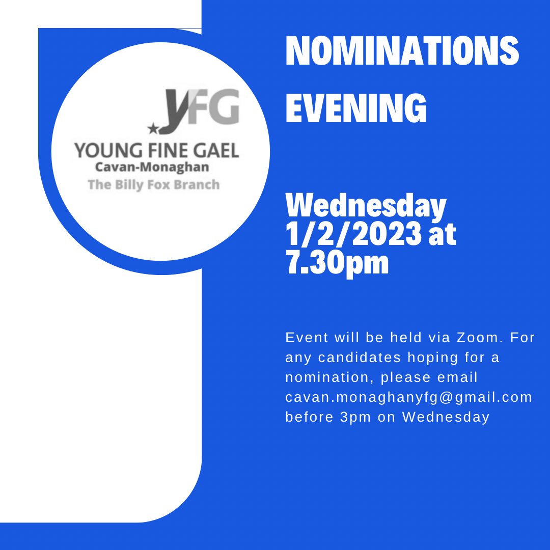 yfg_CM's tweet photo. We’re holding our @yfg nominations evening this Wednesday at 7.30pm! For any candidate wishing for a nomination, please email the branch cavan.monaghanyfg@gmail.com before 3pm on Wednesday. Looking forward to hearing from all of our candidates! https://t.co/OkBXuXHSG2