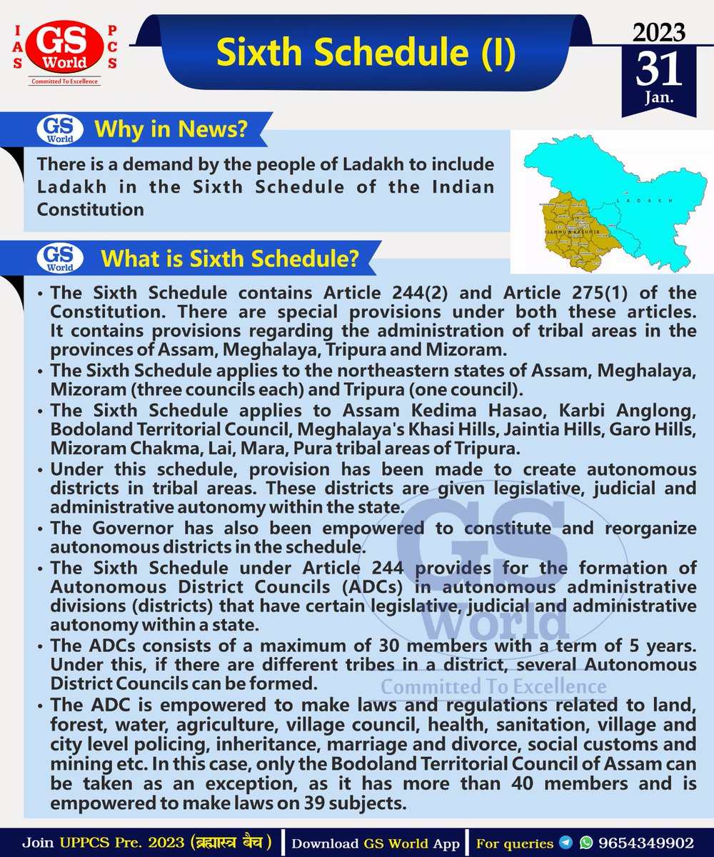 GSWORLDIAS1's tweet photo. Ladakh delegation discusses statehood, 6th Schedule.
Here's the details on #6Schedule in today's #PrelimsPointer
#5thSchedule #Laddakh
#NorthEast #President
#Article244 #Article370 https://t.co/H77RDSxs84