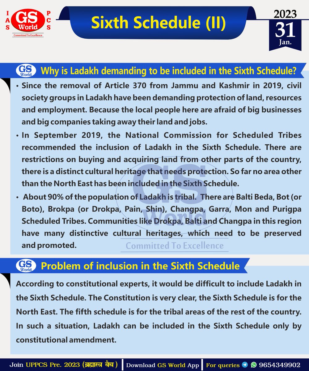 GSWORLDIAS1's tweet photo. Ladakh delegation discusses statehood, 6th Schedule.
Here's the details on #6Schedule in today's #PrelimsPointer
#5thSchedule #Laddakh
#NorthEast #President
#Article244 #Article370 https://t.co/kYbaDktwpI