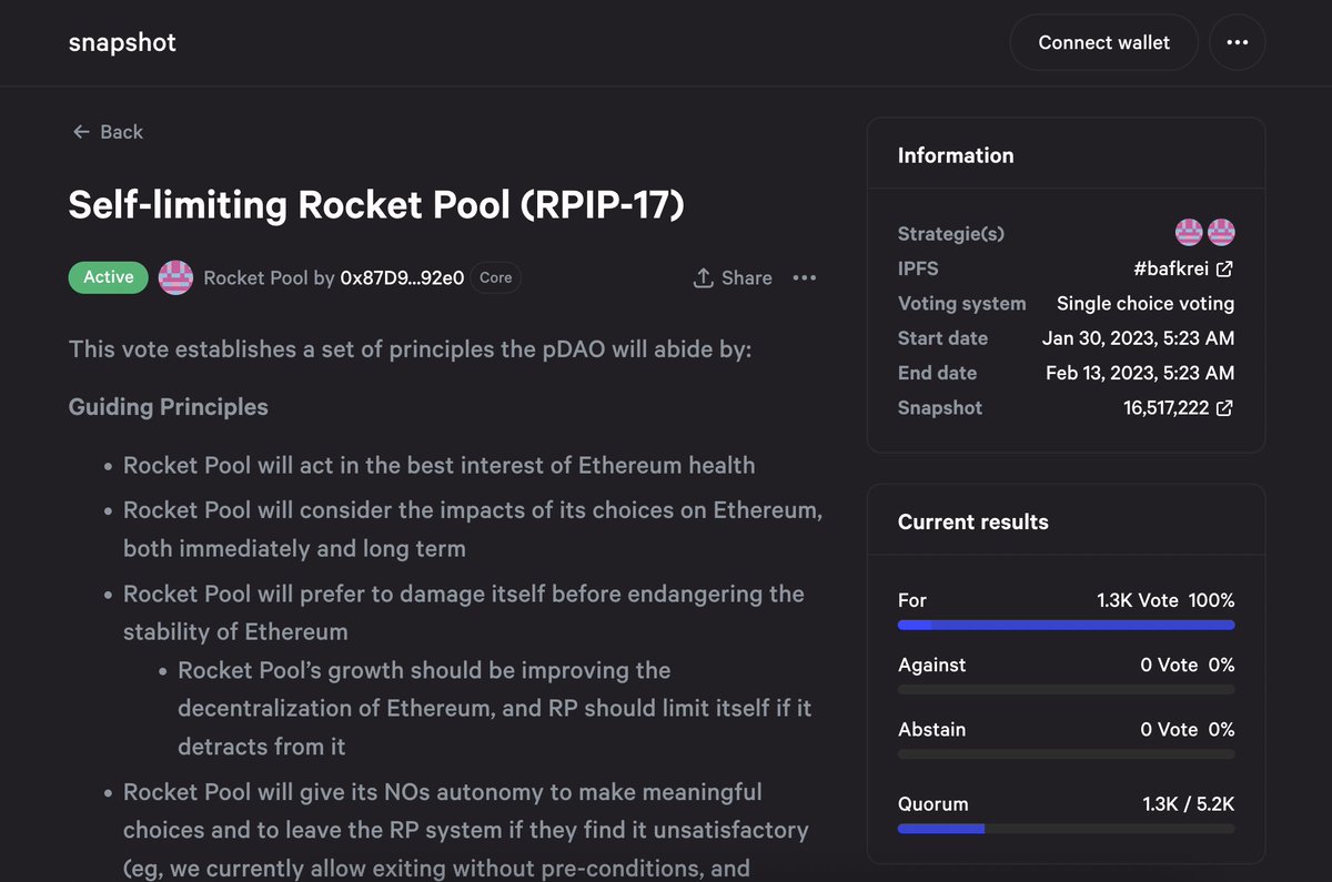 The Rocket Pool pDAO launches vote to self-limit their stake on Ethereum.

More info: vote.rocketpool.net/#/proposal/0x9…