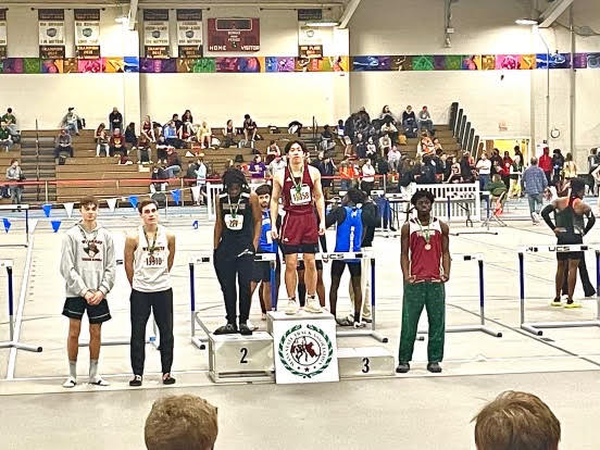 MSTCA Coaches Invite results on Sunday for FHS. Stephen Bate placed 3rd in HJ, 5th in LJ.
The girls 4x200m relay team (Julianna Ortiz, Fiona Palmer, Brianna Demers, and MacKenzie Roy) competing in the first Nick DiPilato 4x200 -- a relay dedicated to Coach Lamey's father.