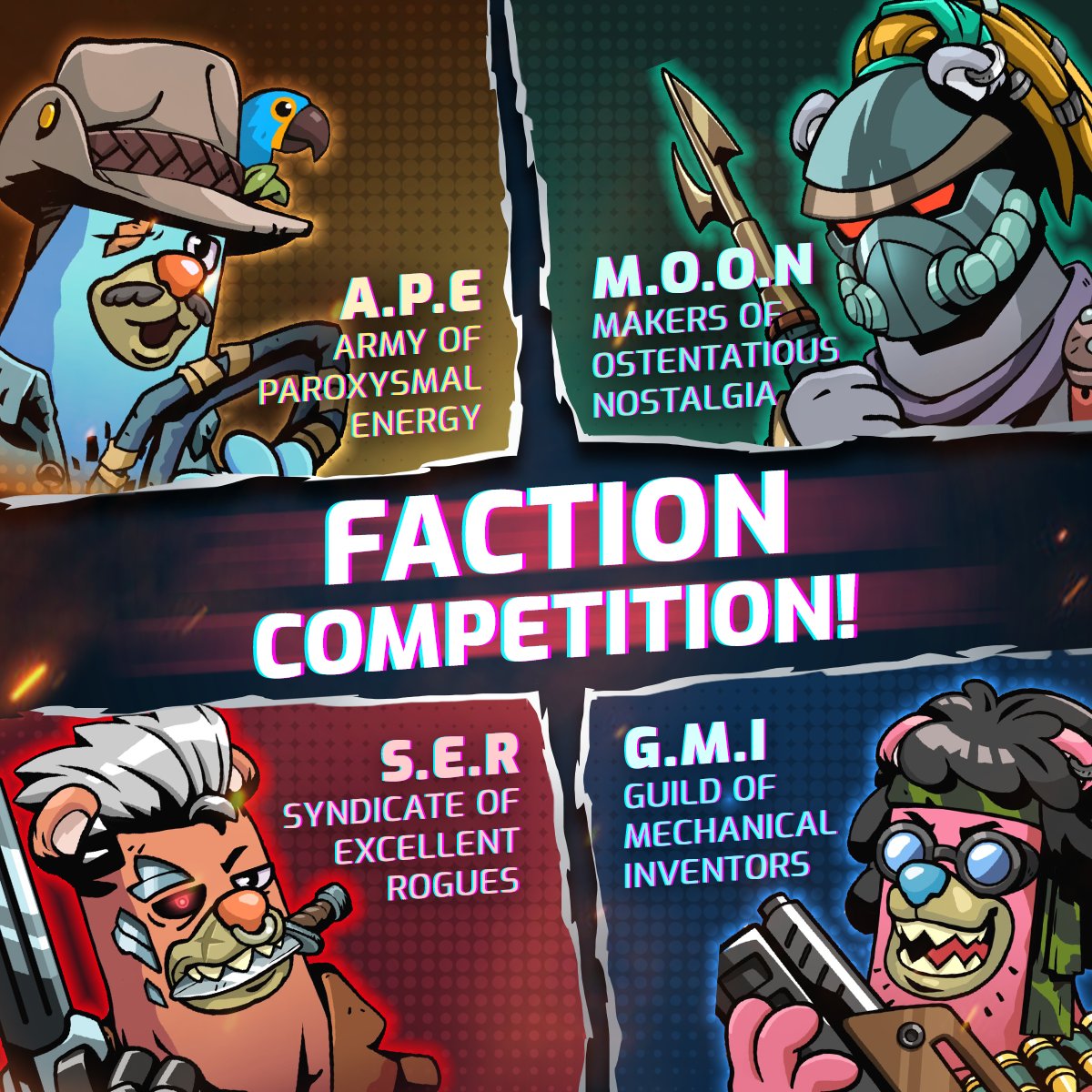 PlayMightyHero's tweet photo. Calling all #BigBearSyndidate holders⚔️. The #FactionVSFaction Competition starts now! Reply👇with a cheerleader-style chant, a picture of your Bear and its marketplace link before 11.59pmUTC, Feb 2. Participating bears from the winning faction get EXTRA honey when hibernating🍯 https://t.co/MkMQuq5dQX