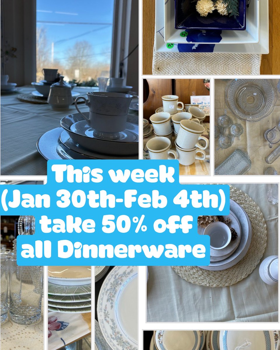 This week (Jan 30th-Feb 4th), ALL DINNERWARE is 50% off! We have full sets and individual pieces to choose from. Stop in to see what we have; we'd love to see you!

#dinnerware #plates #cups #dinnersets #vintageplates #vintagedecor #thriftstorefinds #dealoftheweek #homegoods