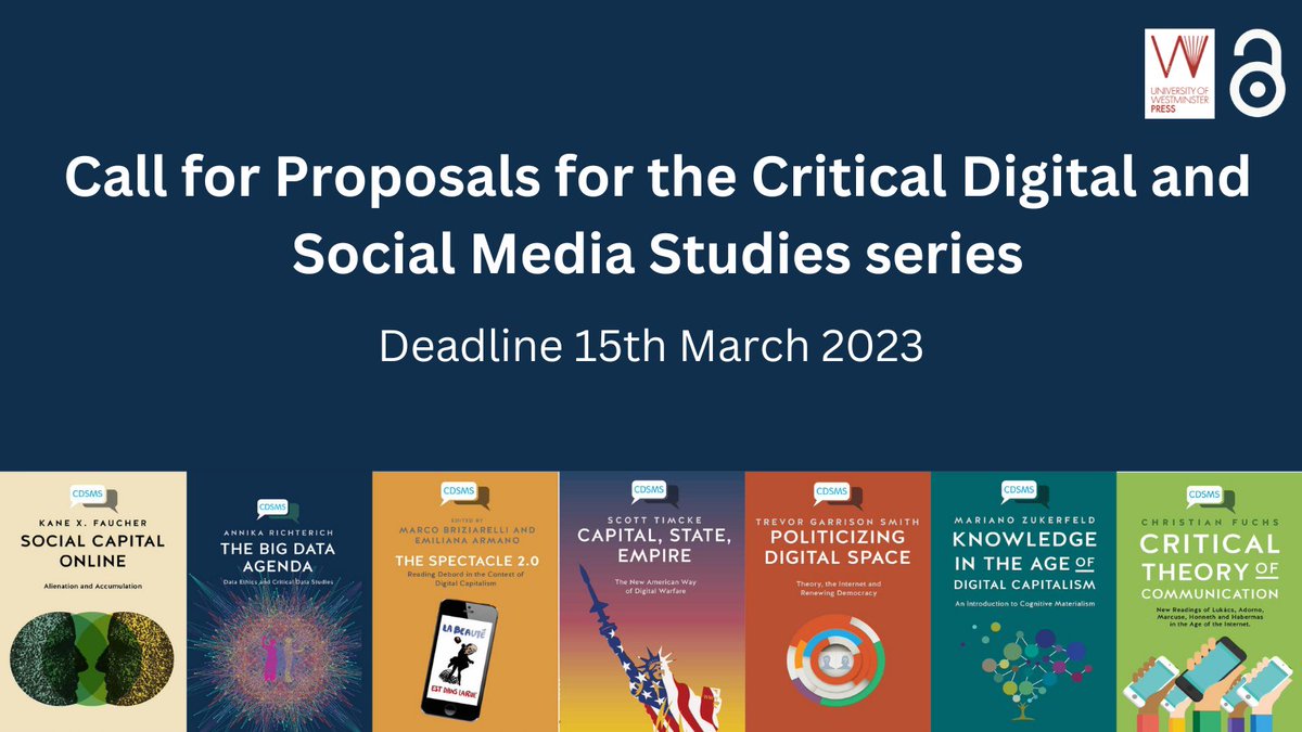 Calling Media &amp; Comms scholars! Want to publish your book #OpenAccess w no fees? 

Our call for proposals for the Critical Digital &amp; Social Media Studies series is live!

bit.ly/3DqsdJN

Thanks to @JiscOpenRes
<a href="/UniSheffieldLib/">University of Sheffield Library</a>
<a href="/UoNLibraries/">UoN Libraries</a> <a href="/UoYLibrary/">We're not here anymore - formerly @UoYLibrary</a> <a href="/cardiffunilib/">Cardiff University Libraries</a>