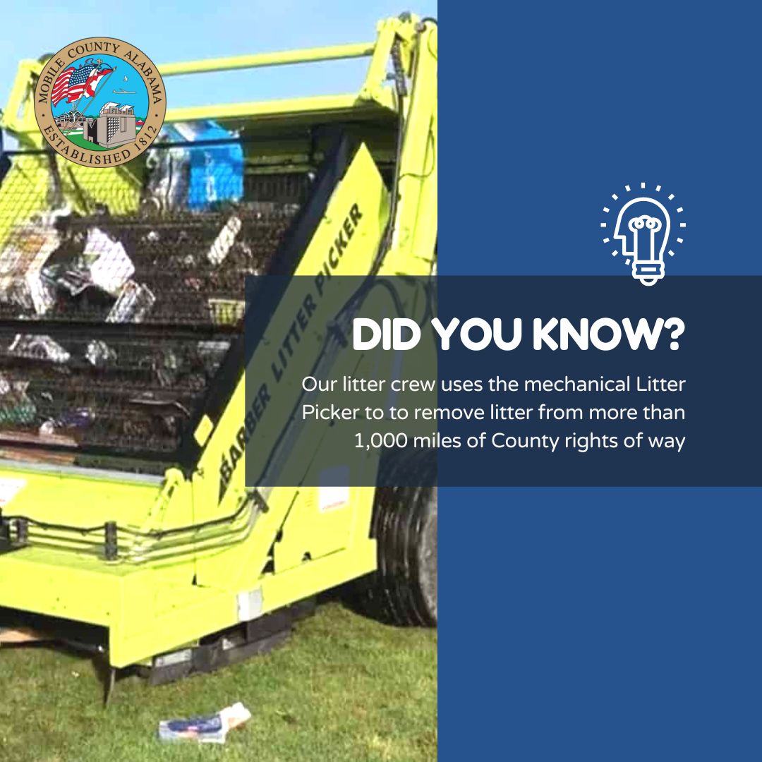 mobilecountyal's tweet photo. Did you know our litter crew uses one of two mechanical Litter Pickers in the state to remove litter from more than 1,000 miles of County rights of way each year? #StopLitterMobile #KeepMobileCountyClean #TrashBlowsStowIt #NoLittering https://t.co/SC97J6esyM