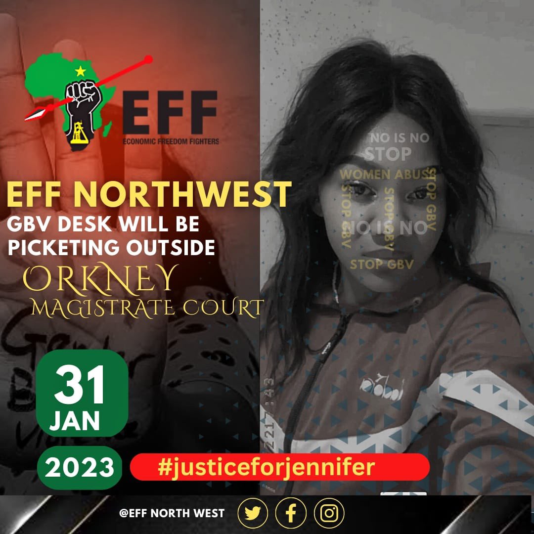 EffNorthwest's tweet image. ♦️Notice♦️

The EFF in the North West will be picketing in demand of justice for Jennifer Motlhomi, and no bail for the ANC Member of Parliament, Sibusiso Kula.

#JusticeForJennifer

#NoBailForKula