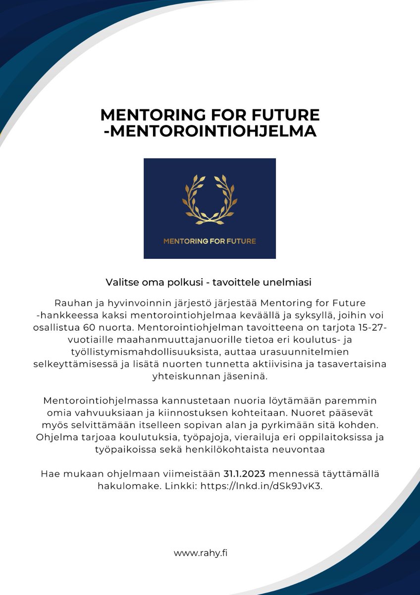 RAHYry's tweet photo. Hae mukaan mentorointiohjelmaan viimeistään 31.1.2023 mennessä täyttämällä hakulomake 👇

https://t.co/xf3eoKSKXb https://t.co/164MzIZUEq