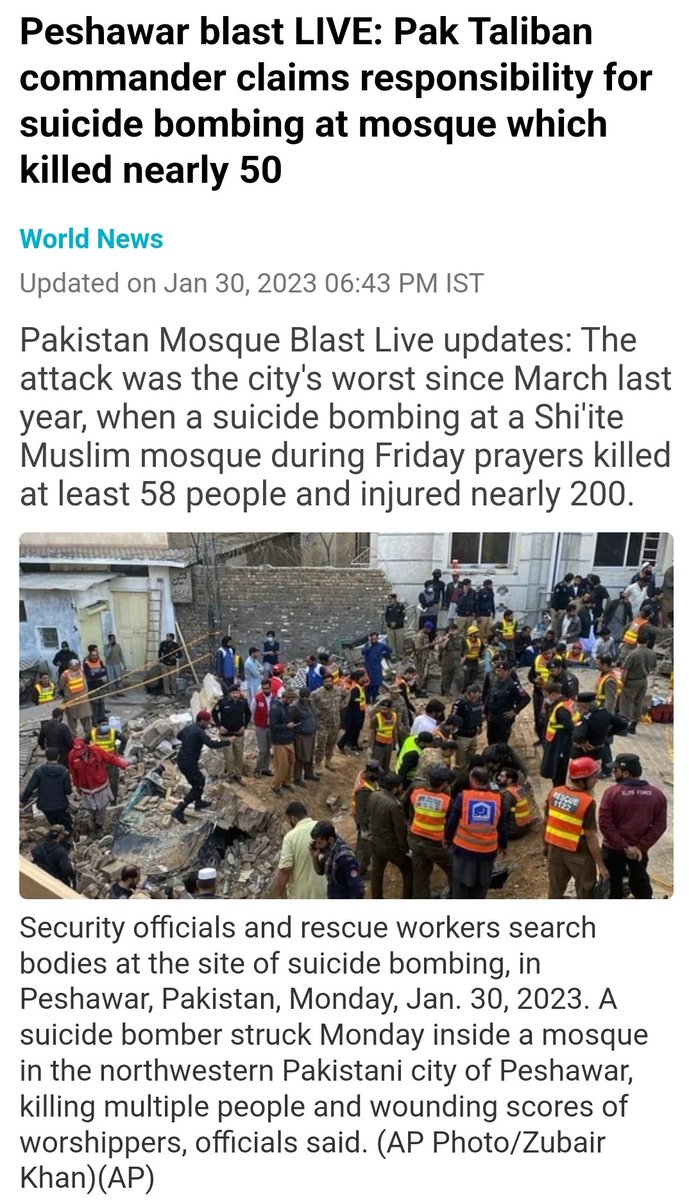 As per media reports, the attack was in a Shia Mosque inside protected police line in #Peshawar and killed near 50 people, majority of them Policemen. Taliban commander now claims responsibility. Pakistan state is unable to fight terrorism because of its duplicity and hypocrisy.