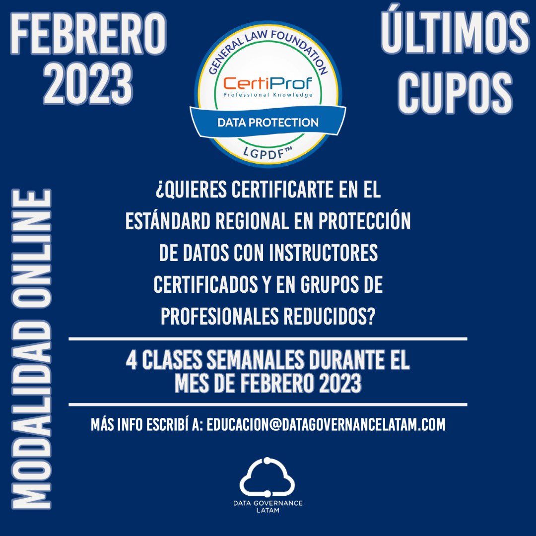 datagovlatam's tweet image. ÚLTIMOS LUGARES. La protección de datos es un tema crítico en la era digital. Aprendé como cumplir con las normas de la LGPD, el estándar regional, en la capacitación que comienza en los próximos días #LGPD No te lo pierdas🙌Mas info: educacion@datagovernancelatam.com