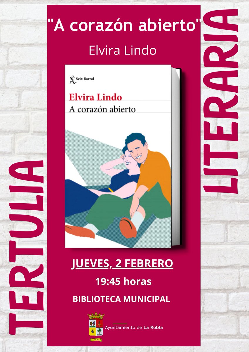 Este jueves, tendremos la tertulia literaria del libro «A corazón abierto», obra de la autora Elvira Lindo. Os recordamos que son tertulias abiertas a todo el mundo así que, ¡os esperamos! #LaRobla #LaRoblaesCultura #tertuliasliterarias