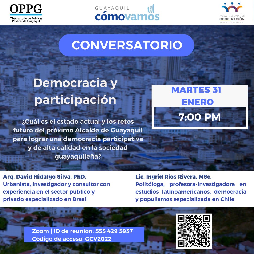 oppgye_'s tweet photo. Candidatos a la Alcaldía y ciudadanía guayaquileña:
Esta semana hablaremos de democracia, participación, seguridad y convivencia social en Guayaquil con expertos y expertas locales.
¡Hagan un espacio en sus agendas y asistan!
#GuayaquilDebate
#ComprenderparaTransformar https://t.co/ynp674uUcs
