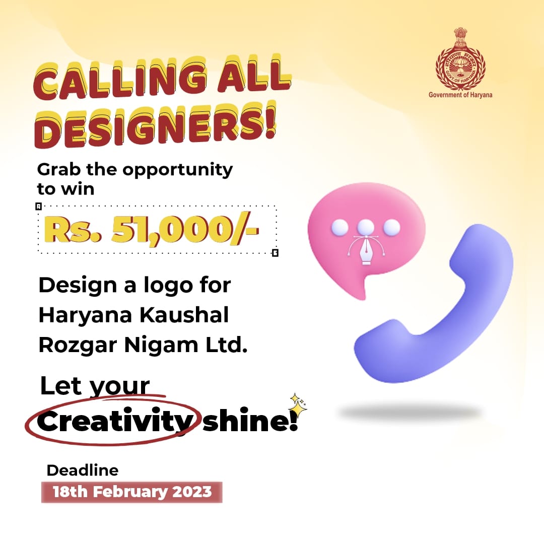 Haryana Kaushal Rozgar Nigam Ltd. has organized a logo-making competition and invites all designers to participate. 
Send in your entries today!
For more information and guidelines of the competition, visit our official website or click on the link: 
forms.gle/oSPR7HmDUF1okt…