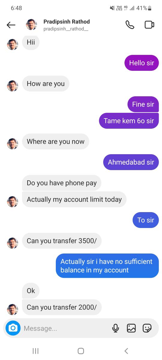 ''ઇન્ટાગ્રામ” ૫ર મારા નામથી અને મારો ફોટો રાખીને કોઇએ ખોટુ એકાઉન્ટ બનાવી ૫રીચિતો પાસેથી નાંણાની માંગણી કરવામાં આવેલ છે. જેનાથી તમામને દુર રહેવા વિનંતી છે. આવી કોઇ માંગણી મારા તરફથી કરવામાં આવી નથી.

My Instagram Account is hacked. Please do not make any FINANCIAL TRANSACTIONS.