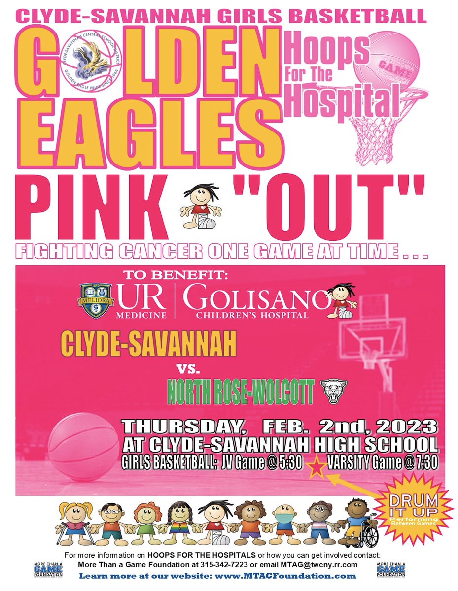 MARK YOUR CALENDARS: 

"Hoops for Hospital" - this Thursday (2/2)!

We'll also be celebrating Senior Night for the Girl's Varsity Basketball team. Featuring a special performance from our "Drum it Up" crew.

We can't wait to see you there!