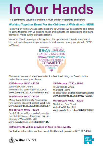 WRight4Children's tweet photo. Parents and carers of Children with Special Educational Needs and Disabilities, following from our successful October sessions, you are invited to join us at 'In Our Hands' working together event. Please can we ask all attendees to book a free ticket using the below links #WR4C https://t.co/7z92ReVYIR
