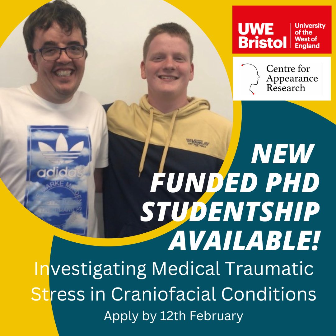 CAR_UWE's tweet photo. 📢 A funded PhD #studentship is now available at the world-leading @CAR_UWE @uwebristol investigating Medical Traumatic Stress in #Craniofacial conditions
⠀
📌 The PhD will be supervised by a highly experienced international team and embedded within CAR’s thriving #PhD community https://t.co/mtk51x1Zq2