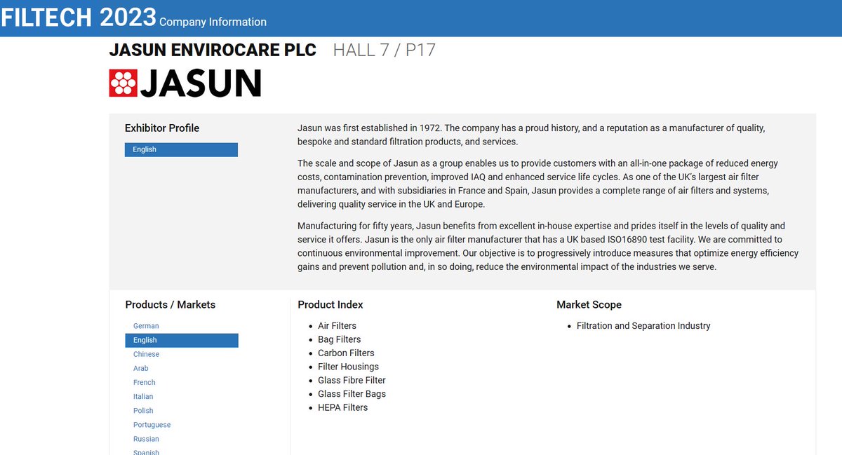 JasunPlc's tweet image. Have you heard our news? We’re very excited, as we’ll be exhibitors, for the first time ever, at #Filtech2023, The #Filtration Event on February 14-16 in Cologne. Come and see us at stand P17, Hall 7. It’s filtration heaven under one roof! #ThinkJasunEnvirocare #ABreathOfFreshAir