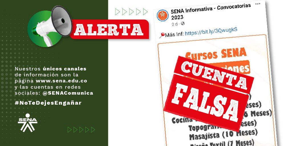 SENAComunica's tweet photo. ⚠️ #ATENCIÓN | En cuentas falsas se está publicando información sobre supuestas convocatorias del SENA. 
✅ Si quieres formar parte de nuestra familia, solo debes consultar nuestros canales oficiales. 👉 https://t.co/YYJvQfNObg y @SENAComunica

#NoTeDejesEngañar https://t.co/aibpscVCd8