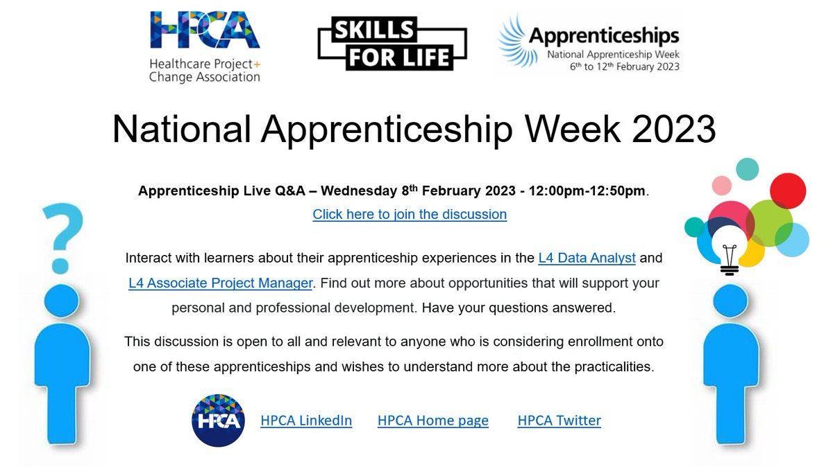 HPCA_UK's tweet photo. #NAW2023 Apprenticeship live Q&amp;A - Wed 8th February - 12:00pm-12:50pm. Joining Link in description. #skillsforlife #NHS #apprenticeships #capabilitybuilding #learning https://t.co/l0pRtwNSUA