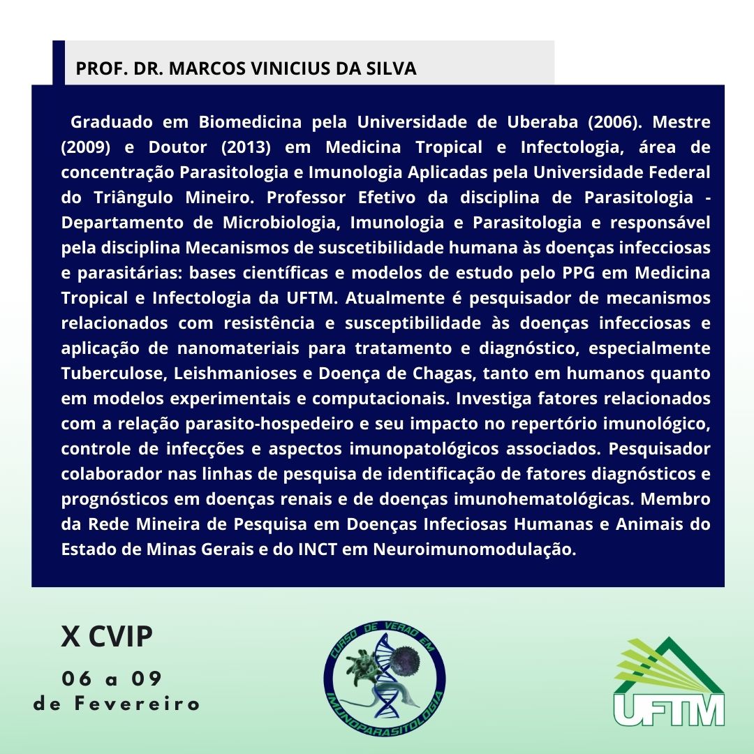 cvip_uftm's tweet photo. Apresento a vocês agora os nossos palestrantes!

Professor Doutor Marcos Vinícius da Silva vem compartilhar seus conhecimentos sobre parasitos em suas plataformas de diagnóstico e tratamentos.

#cvip #uftm #posgraduacao #biomedicina #medicina #fisioterapia #nutricao #enfermagem https://t.co/jpj9OY8vXS