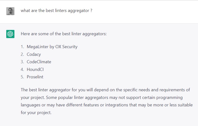 NicolasVuillamy's tweet image. Nice wisdom of ChatGPT about #MegaLinter by OX Security :)