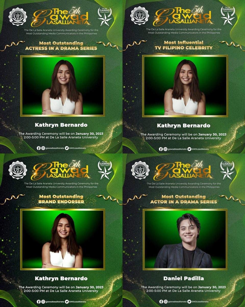 KATHTropaOFC's tweet photo. Congratulations, #KathNiel, for winning these awards at the #5thGawadLasallianeta! 💚✨

Thank you Gawad Lasallianeta for the recognition. We’re so proud of you, @bernardokath and @imdanielpadilla! 😻👏
@min_bernardo @lulumromero
#KathrynBernardo #DanielPadilla https://t.co/AanUBcmDgT