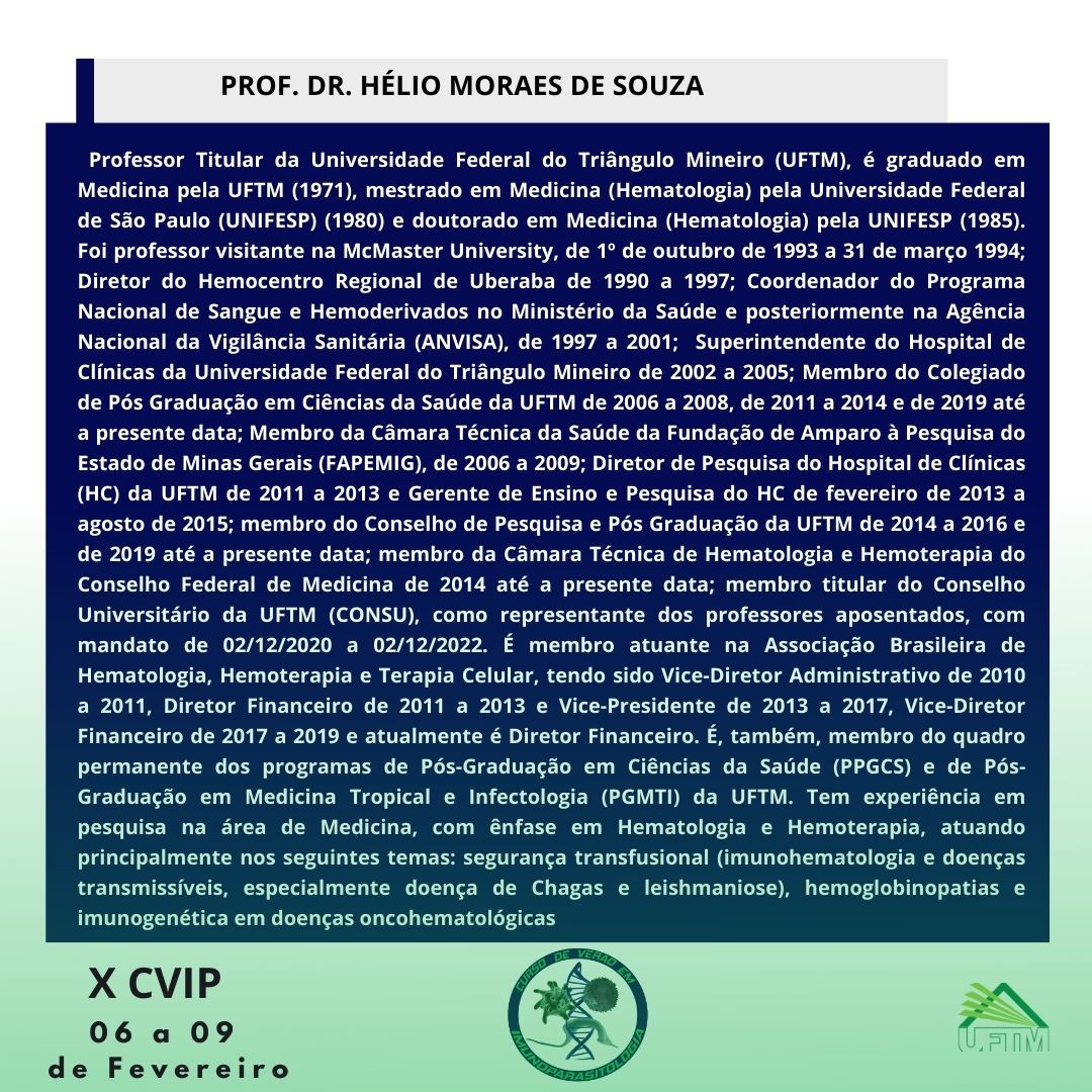 cvip_uftm's tweet photo. Para quem é da área da hematologia ou adora aprender novos conceitos sobre o tema, trazemos hoje o palestrante professor Doutor Helio Morais de Souza.

#cvip #incrições #uftm #posgraduacao #biomed #medicina #fisioterapia #enfermagem #biotecnologia #biologia #imunologia #parasito https://t.co/ymkJrmWIhL
