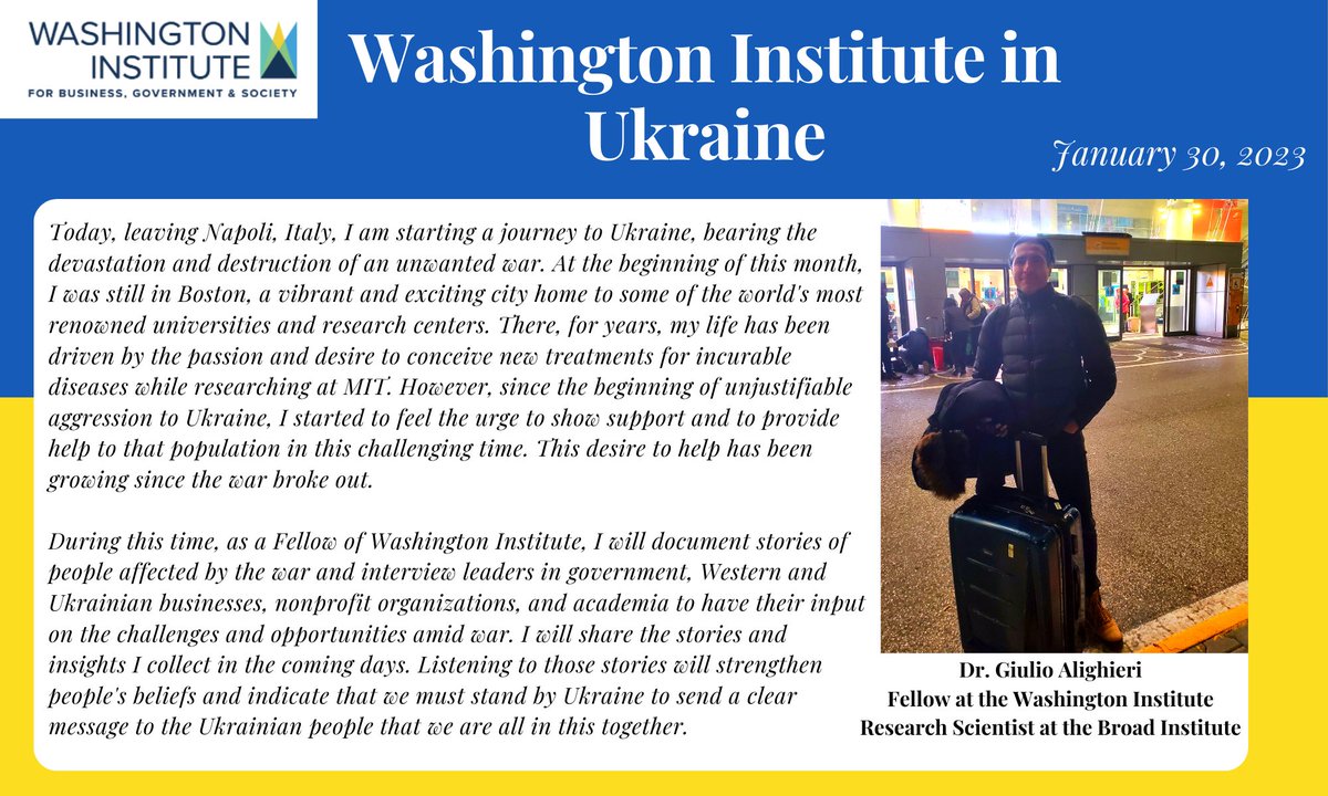 WI's Fellow and an incoming Research Scientist at the <a href="/broadinstitute/">Broad Institute</a>, Dr. Giulio Alighieri, has started his journey to #Ukraine. He will document stories of people affected by the war and interview leaders in #business, #government and #society to have their input.