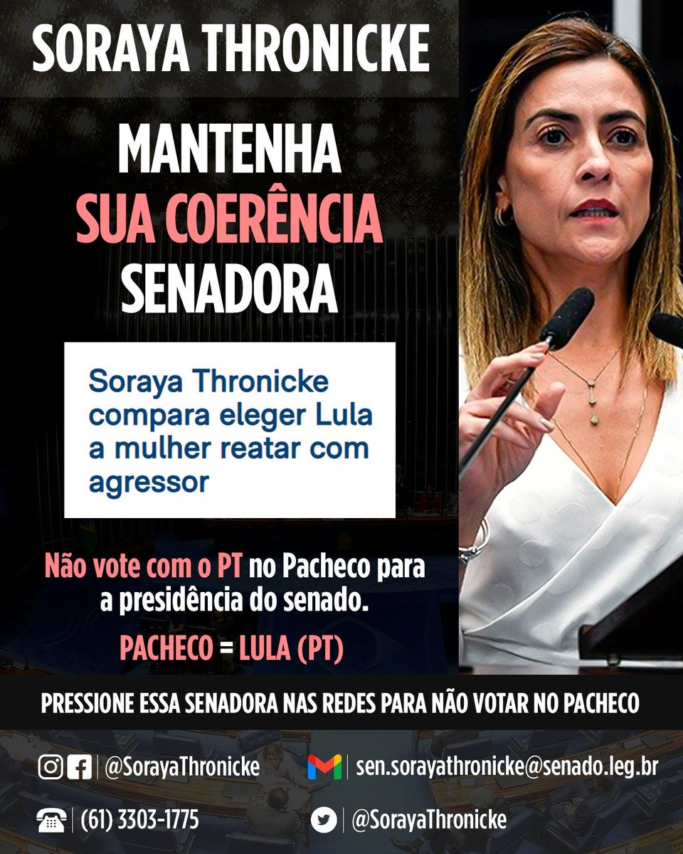 MBLivre's tweet photo. Senadora @SorayaThronicke contamos com seu voto contra Pacheco. Não podemos deixar que Lula tenha essa força no Senado. https://t.co/zTiD8YogT3