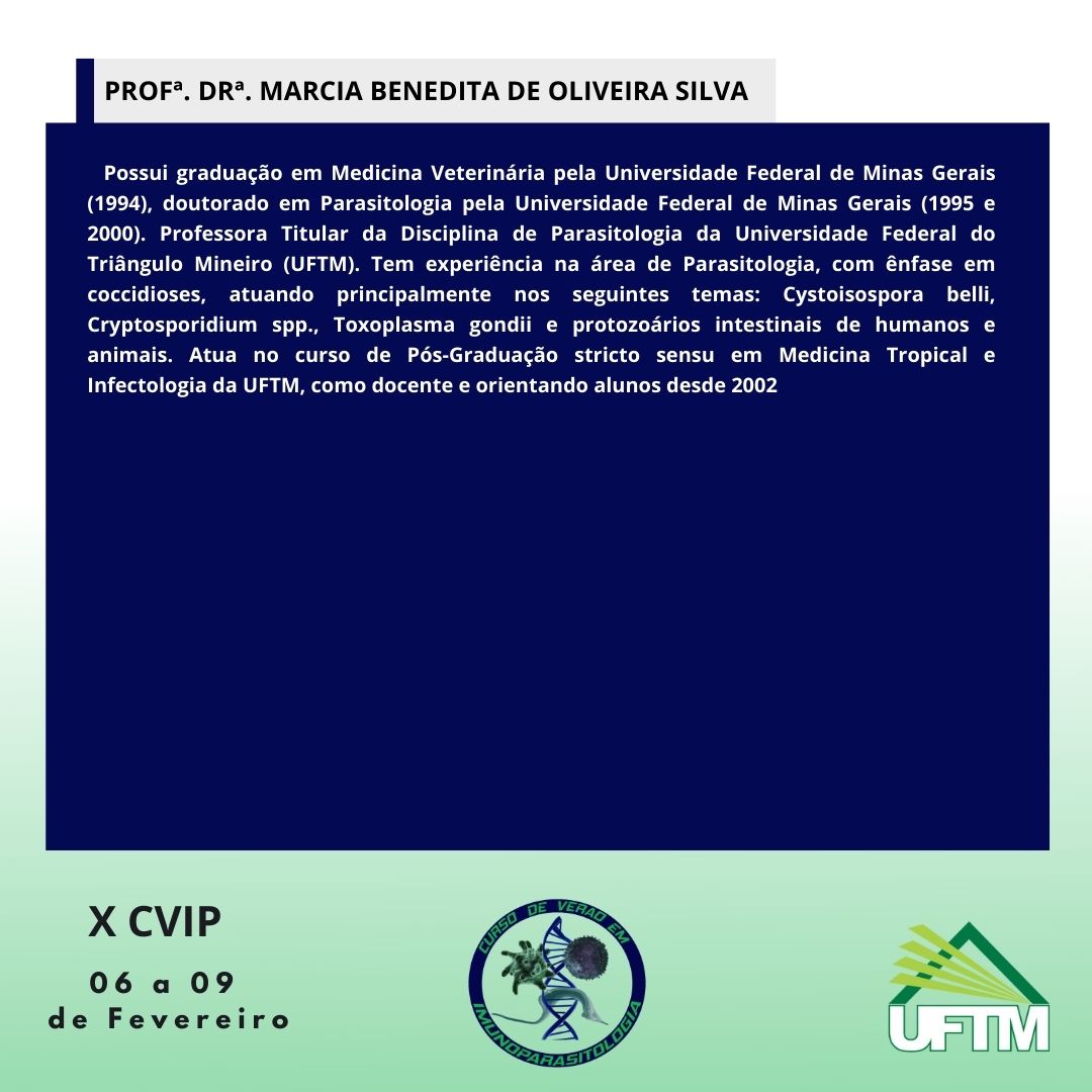 cvip_uftm's tweet photo. Professora Doutora Marcia Benedita de Oliveira Silva irá compartilhar seus conhecimentos sobre Cryptosporidium.

#cvip #incrições #uftm #posgraduacao #biomedicina #medicina #fisioterapia #nutricao #enfermagem #biotecnologia #cienciasbiologicas #imunologia #parasitologia #2023 https://t.co/rriR6xPTXA