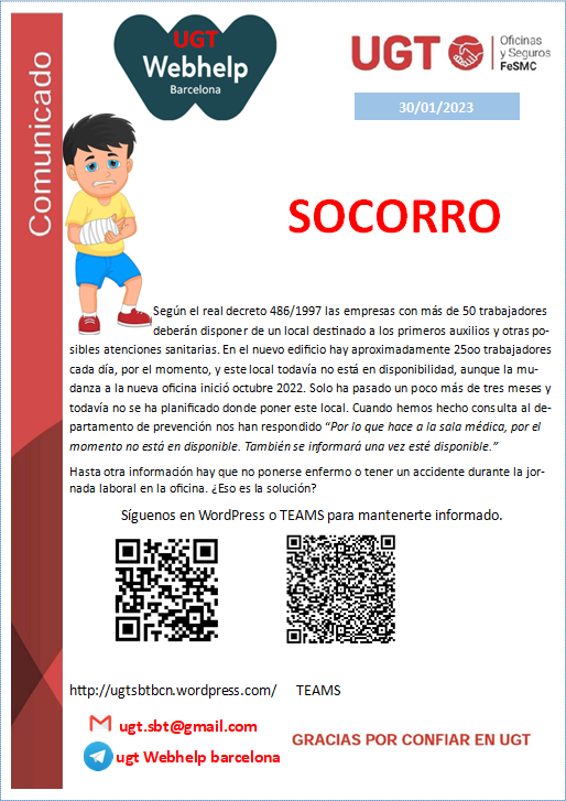 ugtsellbytelbcn's tweet photo. EL LOCAL DE PRIMEROS AUXILIOS
#WebhelpBarcelona #ActHuman #PeopleFirst #UgtWebhelp #Barcelona #ContactCenter #SomosUGT #WeAreWebhelp #WebhelpFamily https://t.co/PzIwoZ2Wls