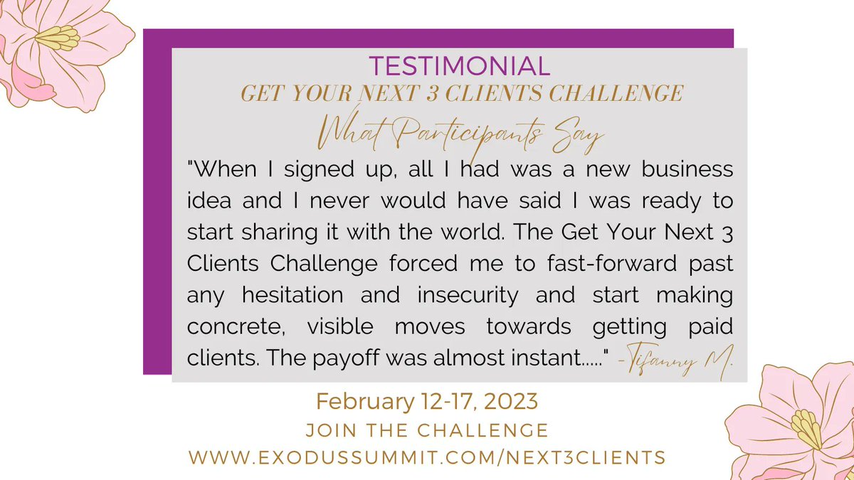 ExodusSummit's tweet photo. Join our Get Your Next 3 Clients 6 Day Challenge for niche-focused marketing stratgies & small group coaching to build a probifatble online buisness. Link in Bio #exodUSSummit #blackentrepreneurs #blackentrepreneurship #blackexpats #blackwomenbosses #blackandabroad https://t.co/b4iNNlWxI3