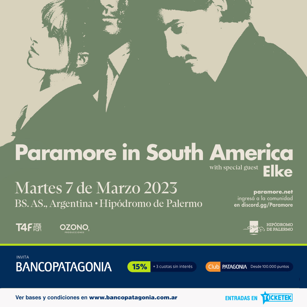 🙌🏻 Vuelve 
<a href="/paramore/">paramore</a>
 a la ARGENTINA!

🗓 7 de Marzo
📍 Hipódromo de Palermo

💳 15% off para tarjetas de 
<a href="/Banco_Patagonia/">Banco Patagonia</a>
 y 3 cuotas sin interés.

🎫 Comprá tus #Etickets en bit.ly/3g89QRC